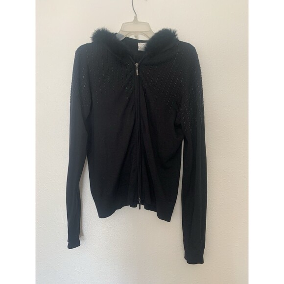 Ladies Sweater Hoodie Size Large by Cadve Rabbit Fur Beaded Black - Picture 1 of 4